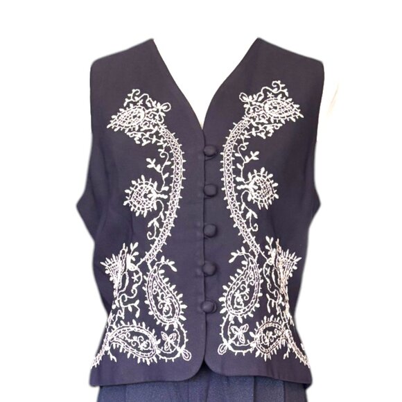 lois snyder dani max vintage navy blue paisley button up vest Boho Women's sz 10 - Picture 1 of 9